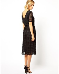 Asos Collection Midi Lace Dress With Contrast Lining And Wrap Back