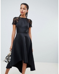 Chi Chi London High Low Hem Midi Dress With Lace Sleeves In Black