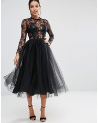 Asos Lace And Embellished Bodice Dress With Mesh Midi Skirt