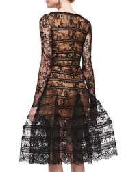 Oscar de la Renta Long Sleeve Lace Overlay Midi Dress