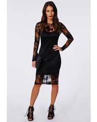 Missguided Abi Burnout Lace Long Sleeve Midi Dress Black