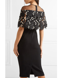Lela Rose Tulle Paneled Guipure Lace And Stretch Wool Blend Crepe Dress Black