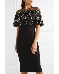 Lela Rose Tulle Paneled Guipure Lace And Stretch Wool Blend Crepe Dress Black