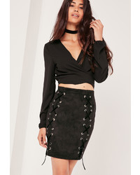 Missguided Faux Suede Double Lace Up Mini Skirt Black