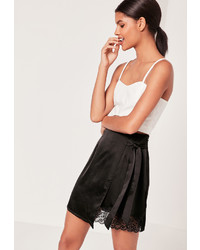 Missguided Satin Wrap Asymmetric Hem Lace Mini Skirt Black