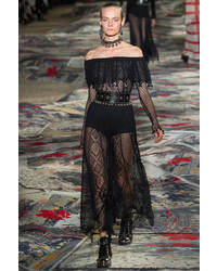 Alexander McQueen Off Shoulder Silk Lace Dress With Pom Poms