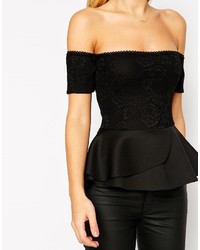 Asos Collection Peplum Top With Bardot Off Shoulder In Bonded Lace