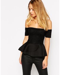 Asos Collection Peplum Top With Bardot Off Shoulder In Bonded Lace