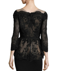 Marchesa Off The Shoulder Beaded Lace Peplum Top Black