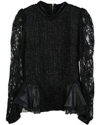 Choies Black Pu Peplum Blouse With Lace Sleeves