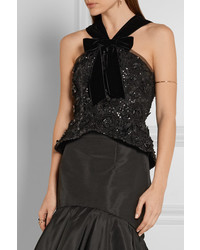 Oscar de la Renta Velvet Trimmed Embellished Guipure Lace Peplum Top Black