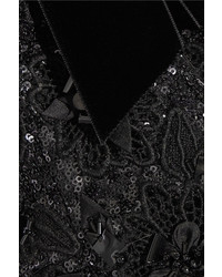 Oscar de la Renta Velvet Trimmed Embellished Guipure Lace Peplum Top Black