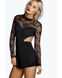 Boohoo Hattie High Neck Open Back Lace Sleeved Playsuit