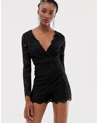 New Look Lace Wrap Playsuit In Black
