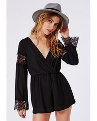 Missguided Bell Sleeve Lace Detail Romper Black