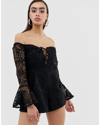Lioness Off Shoulder Lace Playsuit With Bell Sleeve In Black