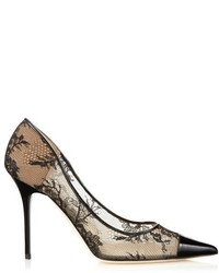 Jimmy Choo Amika Black Lace And Patent Pointy Toe Pumps