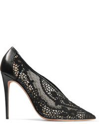 Valentino Leather Trimmed Guipure Lace Pumps Black