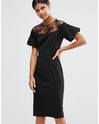 Asos Pencil Dress With Lace Yoke And Puff Sleeve
