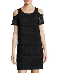 Neiman Marcus Cold Shoulder Lace Shift Dress Black