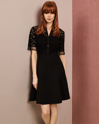 Lela Rose Half Sleeve Lace Bodice Shirtdress Black