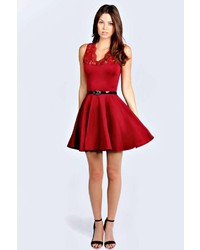 Boohoo Nadine Scallop Lace Belted Skater Dress