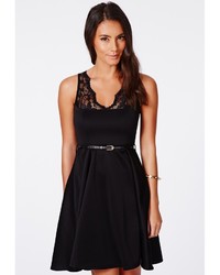 Missguided Asmita Black Belted Lace Skater Dress