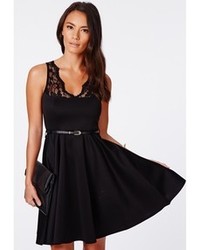 Missguided Asmita Black Belted Lace Skater Dress