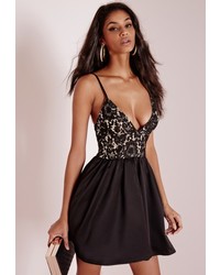 Missguided Lace Top Puffball Skater Dress Black