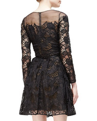 Marchesa Notte Long Sleeve Belted Lace Flare Dress