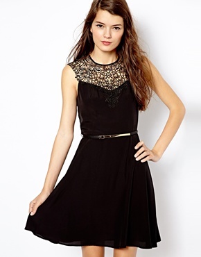 Oasis Lace Neck Skater Dress Black, $109 | Asos | Lookastic