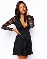 Oh My Love Plunge Neck Skater Dress In Lace