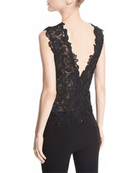 Monique Lhuillier Sleeveless V Back Floral Guipure Lace Fitted Blouse