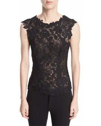 Monique Lhuillier Sleeveless V Back Floral Guipure Lace Fitted Blouse