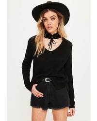 Missguided Black Lace Up Choker Neck Sweater