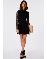 Missguided Lace Sleeve High Neck Swing Dress Black