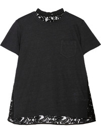Sacai Lace Paneled Linen Blend Jersey T Shirt Black