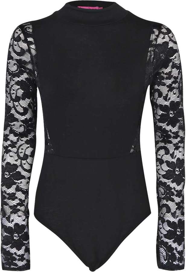 Boohoo Robyn Turtle Neck Lace Sleeve Panel Bodysuit, $24 | BooHoo ...