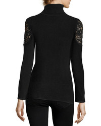 Neiman Marcus Cashmere Collection Lace Shoulder Cashmere Turtleneck