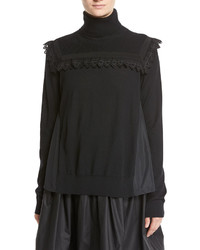 Moncler Maglia Mixed Media Turtleneck Sweater W Lace Detail Black