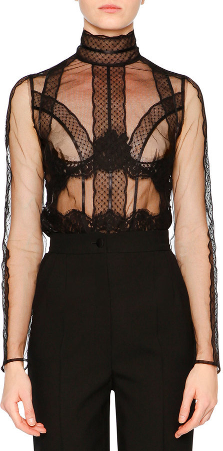 Dolce & Gabbana Tulle Long Sleeve Sheer Blouse Black, $2,395 
