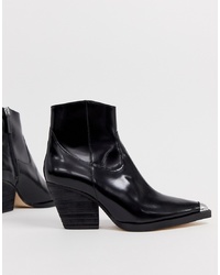 Office Arriba Black Leather Western Mid Heeled Ankle Boots With Metal Toe Cap