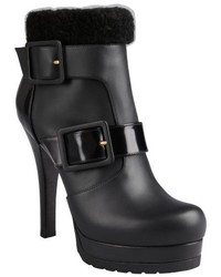 Fendi Black Leather And Shearling Trim Dual Buckle Platform Ankle Boots