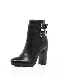 River Island Black Leather Buckle Heeled Ankle Boots