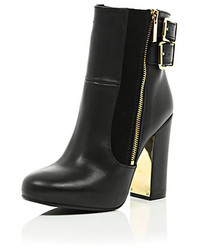 River Island Black Leather Metal Block Heel Ankle Boots