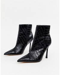 ASOS DESIGN Evon Leather Heeled Boots In Black Croc Croc