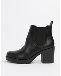 Monki Faux Leather Cleated Sole Heeled Ankle Boots In Black