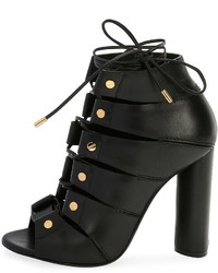 Tom Ford Lace Up Leather Open Toe 105mm Bootie Black