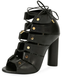 Tom Ford Lace Up Leather Open Toe 105mm Bootie Black