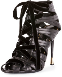 Tom Ford Leathervelvet Caged Open Toe Lace Up Bootie Black